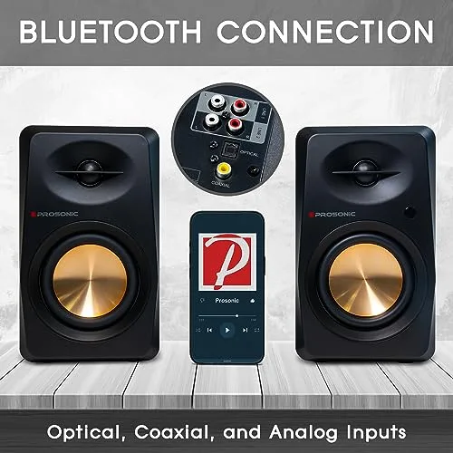 Prosonic BT30 Active Powered Bluetooth Bookshelf Speakers, Studio Monitor, Home Theater, Turntable with Optical Input, Coaxial Input, 2X RCA Aux Line Input, 80 Watts, (Black)