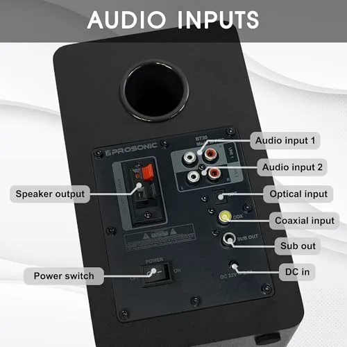 Prosonic BT30 Active Powered Bluetooth Bookshelf Speakers, Studio Monitor, Home Theater, Turntable with Optical Input, Coaxial Input, 2X RCA Aux Line Input, 80 Watts, (Black)