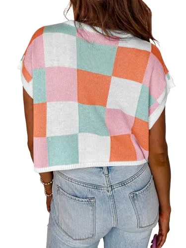 Saodimallsu Womens Cap Sleeve Crop Tops Summer Color Block Going Out Crew Neck Knit Trendy Casual Sweater