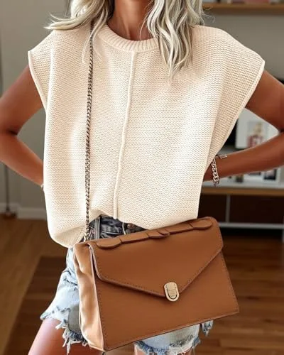 Saodimallsu Womens Summer Cap Sleeve Tops Casual Crew Neck Loose Fit Knit Lightweight Sweater Pullover Top