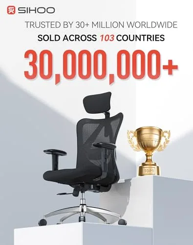 SIHOO M18 Ergonomic Office Chair for Big and Tall People Adjustable Headrest with 2D Armrest Lumbar Support and PU Wheels Swivel Tilt Function Black