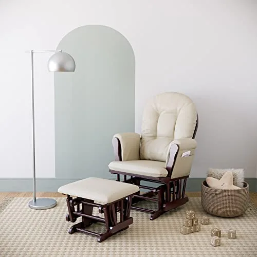 Storkcraft Premium Hoop Glider & Ottoman (Espresso with Beige) — GREENGUARD Gold Certified, Solid Wood Craftsmanship, Convenient Storage Pockets, Smooth-Gliding Chair for Nursery, Multi-Award-Winning