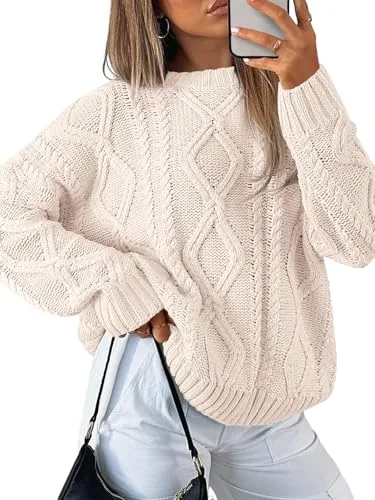 Trendy Queen Women's Oversized Cable Knit Crewneck Sweaters Front View
