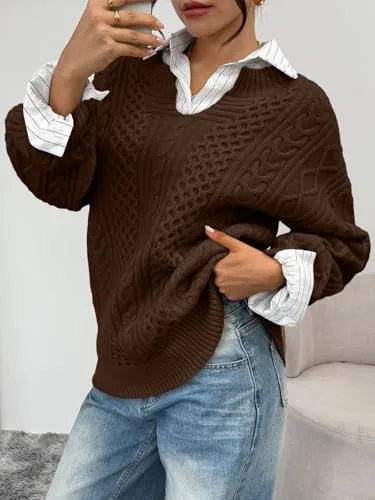 Trendy Queen V Neck Oversized Cable Knit Sweaters for Women Trendy 2025 Fall Fashion Outfits Clothes Winter Clothing