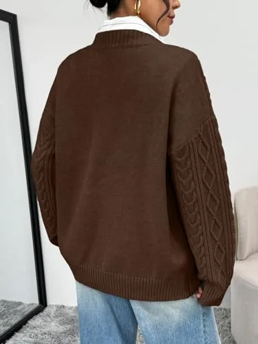 Trendy Queen V Neck Oversized Cable Knit Sweaters for Women Trendy 2025 Fall Fashion Outfits Clothes Winter Clothing