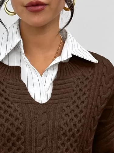 Trendy Queen V Neck Oversized Cable Knit Sweaters for Women Trendy 2025 Fall Fashion Outfits Clothes Winter Clothing