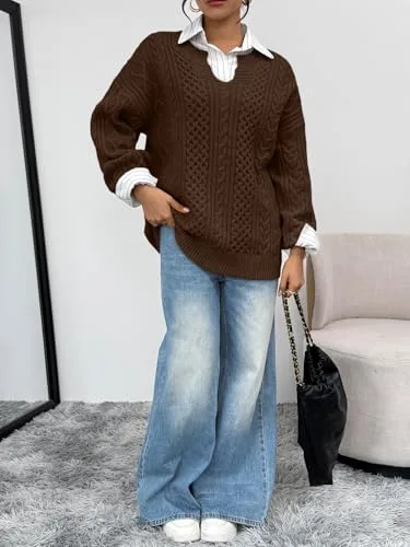 Trendy Queen V Neck Oversized Cable Knit Sweaters for Women Trendy 2025 Fall Fashion Outfits Clothes Winter Clothing