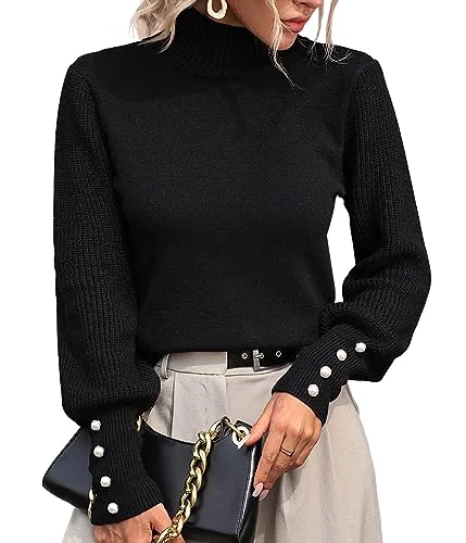 Upopby Women's Fall Winter Turtleneck Sweaters for Women Lantern Sleeve Knitted Pullover Sweater Jumper Tops