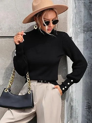 Upopby Women's Fall Winter Turtleneck Sweaters for Women Lantern Sleeve Knitted Pullover Sweater Jumper Tops