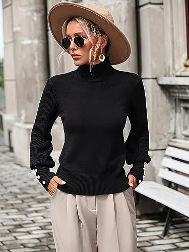 Upopby Women's Fall Winter Turtleneck Sweaters for Women Lantern Sleeve Knitted Pullover Sweater Jumper Tops