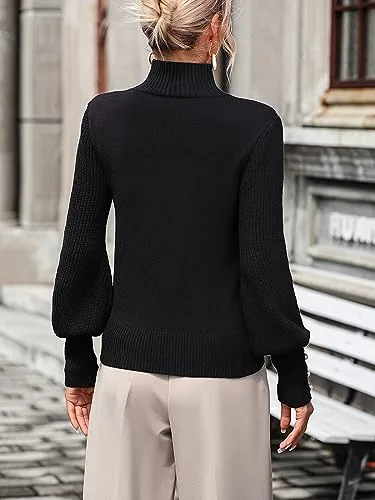 Upopby Women's Fall Winter Turtleneck Sweaters for Women Lantern Sleeve Knitted Pullover Sweater Jumper Tops