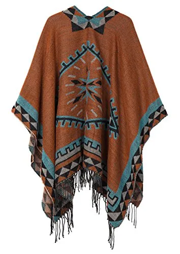 Urban CoCo Women's Printed Tassel Open front Poncho Cape Cardigan Wrap Shawl