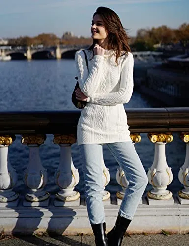 v28 Women Polo Neck Long Slim Fitted Dress Bodycon Turtleneck Cable Knit Sweater