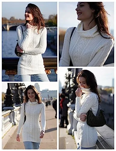 v28 Women Polo Neck Long Slim Fitted Dress Bodycon Turtleneck Cable Knit Sweater
