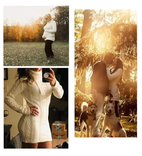 v28 Women Polo Neck Long Slim Fitted Dress Bodycon Turtleneck Cable Knit Sweater