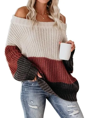 VIMPUNEC Womens Oversized Sweater Color Block Off The Shoulder Pullover Sweaters Cable Knit Chunky Striped Tops
