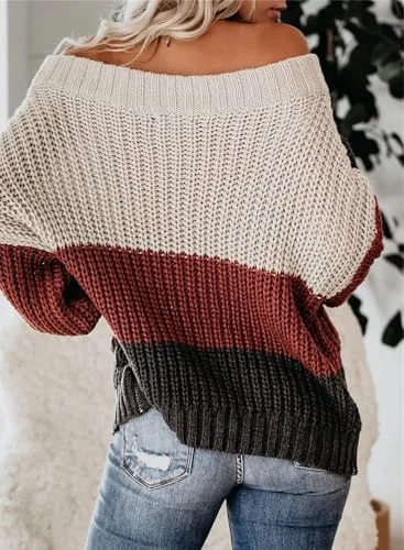VIMPUNEC Womens Oversized Sweater Color Block Off The Shoulder Pullover Sweaters Cable Knit Chunky Striped Tops