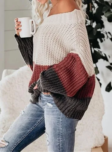 VIMPUNEC Womens Oversized Sweater Color Block Off The Shoulder Pullover Sweaters Cable Knit Chunky Striped Tops