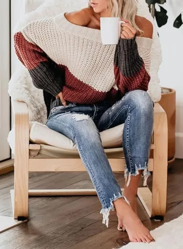 VIMPUNEC Womens Oversized Sweater Color Block Off The Shoulder Pullover Sweaters Cable Knit Chunky Striped Tops