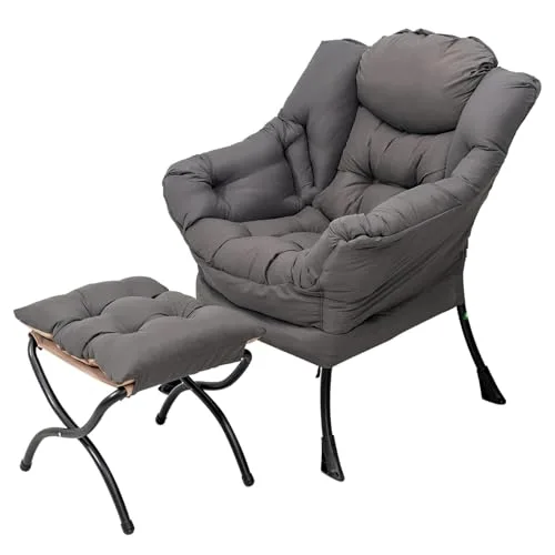 Welnow Lazy Chair with Ottoman, Modern Lounge Accent Chair with Armrests and a Side Pocket, Leisure Sofa Armchair, Reading Armchair with Footrest for Small Space, Dark Grey