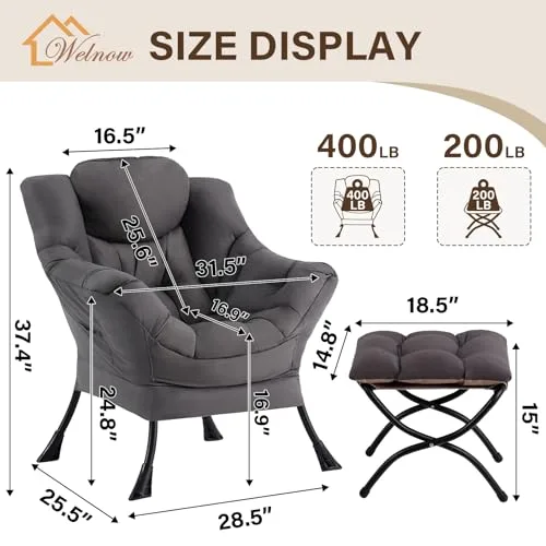 Welnow Lazy Chair with Ottoman, Modern Lounge Accent Chair with Armrests and a Side Pocket, Leisure Sofa Armchair, Reading Armchair with Footrest for Small Space, Dark Grey
