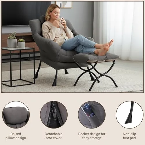Welnow Lazy Chair with Ottoman, Modern Lounge Accent Chair with Armrests and a Side Pocket, Leisure Sofa Armchair, Reading Armchair with Footrest for Small Space, Dark Grey