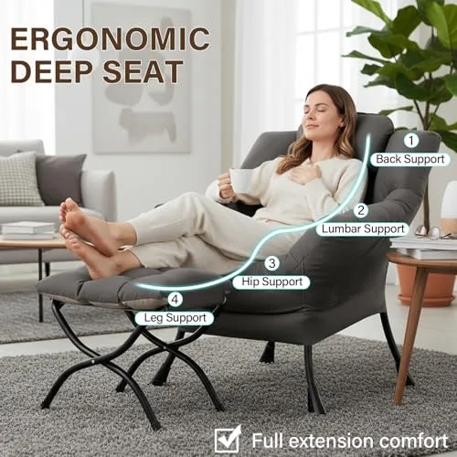 Welnow Lazy Chair with Ottoman, Modern Lounge Accent Chair with Armrests and a Side Pocket, Leisure Sofa Armchair, Reading Armchair with Footrest for Small Space, Dark Grey