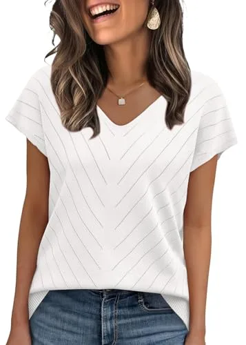 WIHOLL Short Sleeve Sweater for Women V Neck Trendy Summer Tops 2025 Beach Vacation Clothes Travel Business Casual Outfits