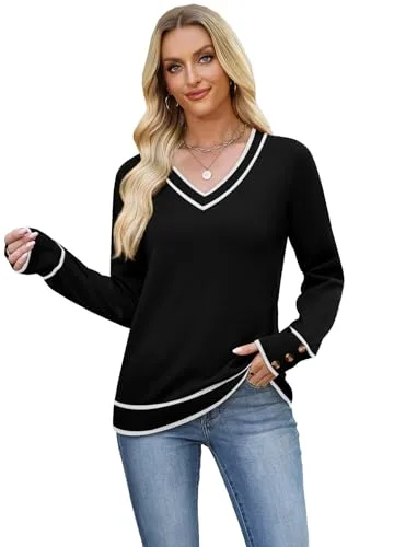 WIHOLL Lightweight Sweaters for Women Long Sleeve V Neck Knit Outfits with Decorative Buttons