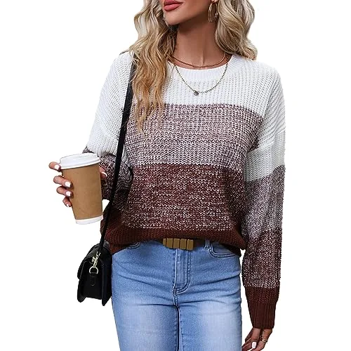 Women's Striped Color Block Sweater Long Sleeve Crewneck Casual Loose Fit Soft Knit Sweater Pullover Tops