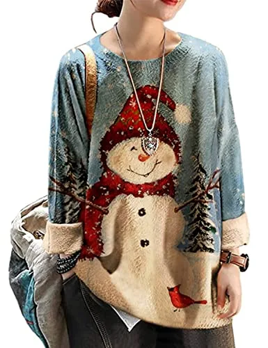 YESNO Women Christmas Sweater Graphic Printed Oversized Pullover Sweaters Casual Loose Knit Tops S01