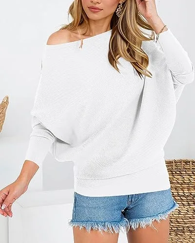 Zenlonr Women's Fall Sweaters 2025 Casual Long Batwing Sleeve Loose Off Shoulder Knit Pullovers Jumper Tops