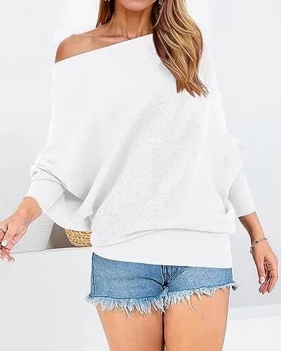 Zenlonr Women's Fall Sweaters 2025 Casual Long Batwing Sleeve Loose Off Shoulder Knit Pullovers Jumper Tops