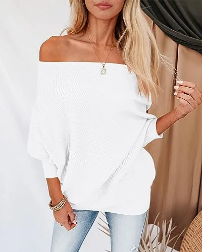 Zenlonr Women's Fall Sweaters 2025 Casual Long Batwing Sleeve Loose Off Shoulder Knit Pullovers Jumper Tops