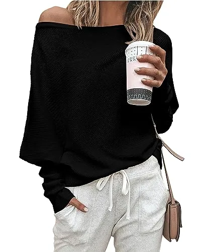 Zenlonr Women's Fall Sweaters 2025 Casual Long Batwing Sleeve Loose Off Shoulder Knit Pullovers Jumper Tops