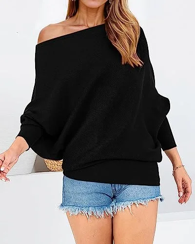 Zenlonr Women's Fall Sweaters 2025 Casual Long Batwing Sleeve Loose Off Shoulder Knit Pullovers Jumper Tops
