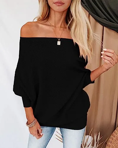 Zenlonr Women's Fall Sweaters 2025 Casual Long Batwing Sleeve Loose Off Shoulder Knit Pullovers Jumper Tops