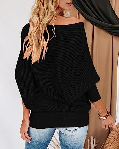 Zenlonr Women's Fall Sweaters 2025 Casual Long Batwing Sleeve Loose Off Shoulder Knit Pullovers Jumper Tops
